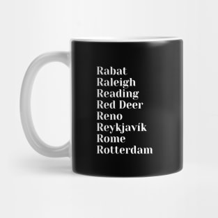 Cities starting with the letter, R, Pin, Tote, Mug Mug